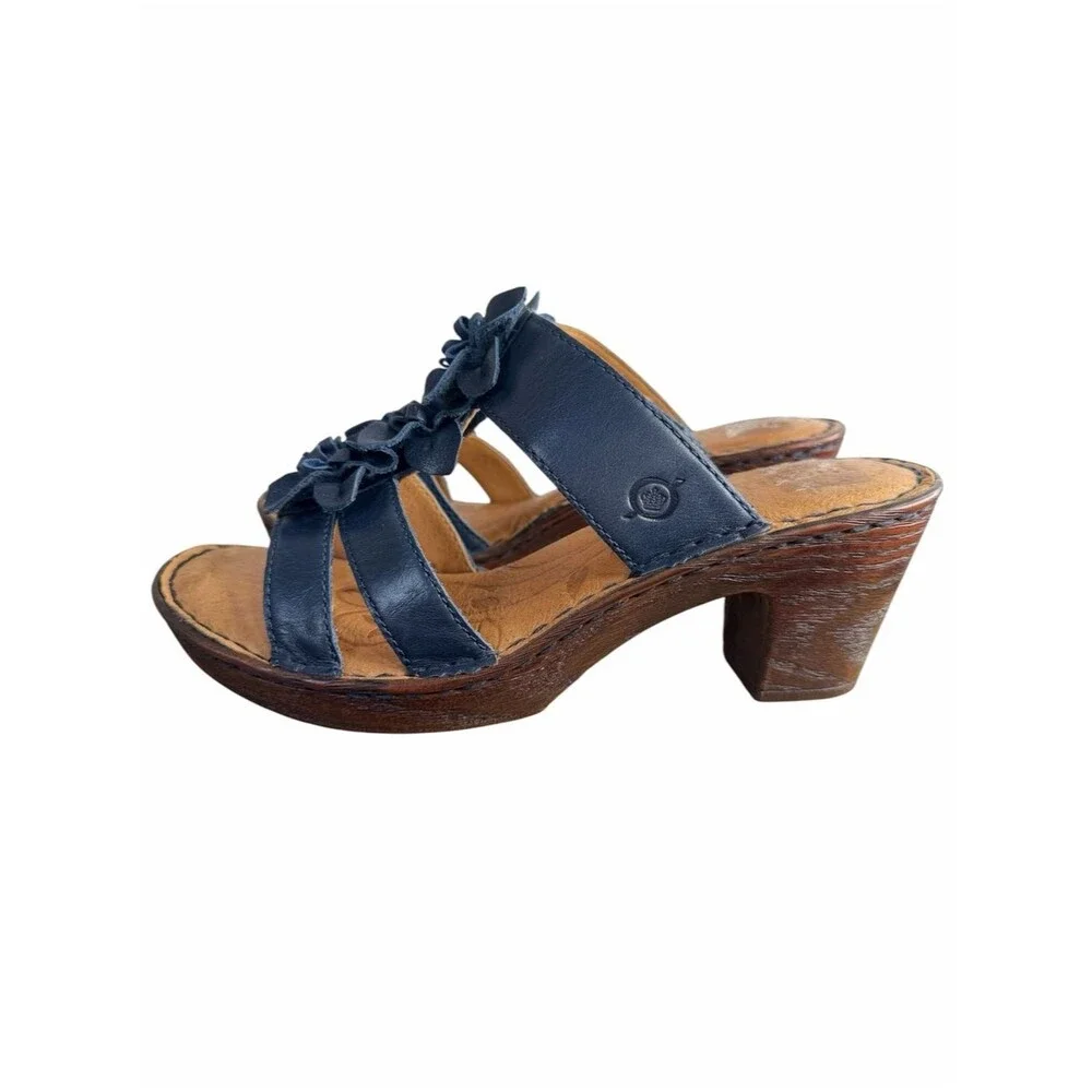 Born Zenia Leather Slip-On Heel Sandals Shoes size 7/38 Blue Floral Flower